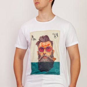 T-shirt uomo con patch di uomo con occhiali bianca