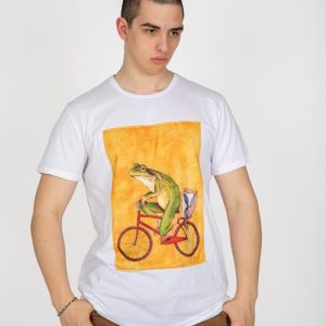 t-shirt con rana in bicicletta