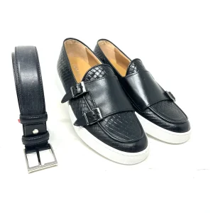 Mocassino doppia fibbia pelle intrecciata fondo cucito made in italy